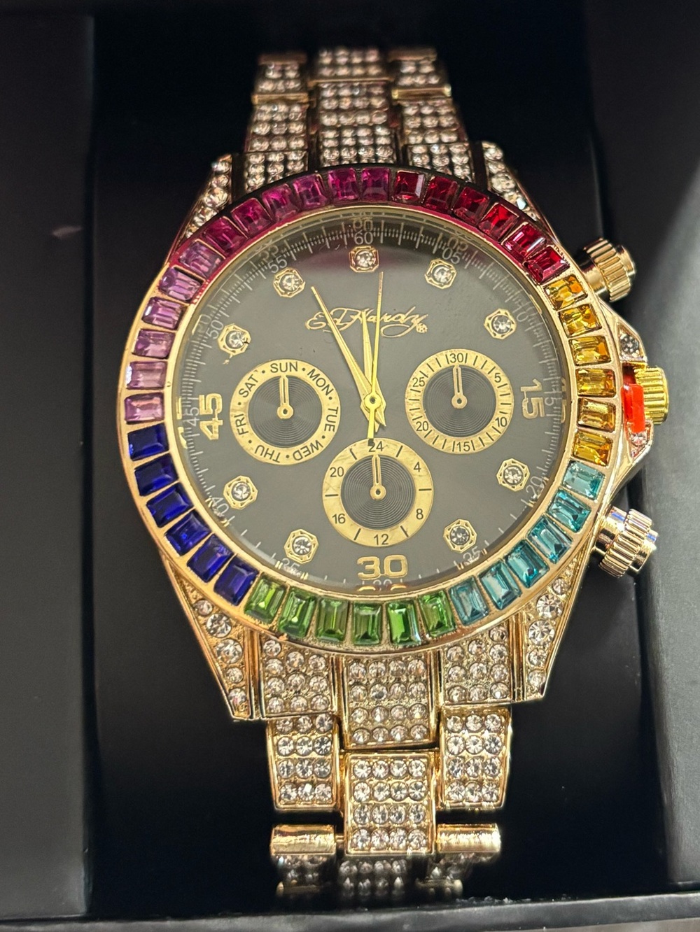 Ed Hardy Gold Tone Women's Crystal Watch with Rainbow Bezel
